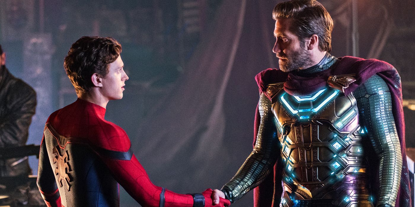Tom Holland as Peter Parker and Jake Gyllenhaal as Mysterio in Spider-Man Far From Home