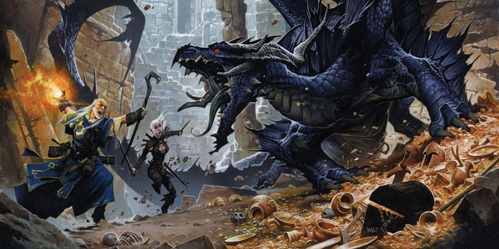 Black Dragon sitting on a pile of treasure fighting a man and a woman in a Dungeons & Dragons illustration