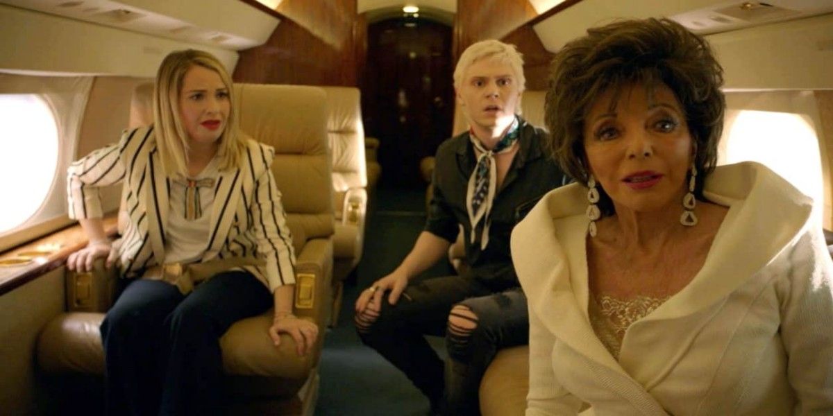 Coco, Mr, Gallant, and Evie on the plane looking scared in AHS Apocalypse