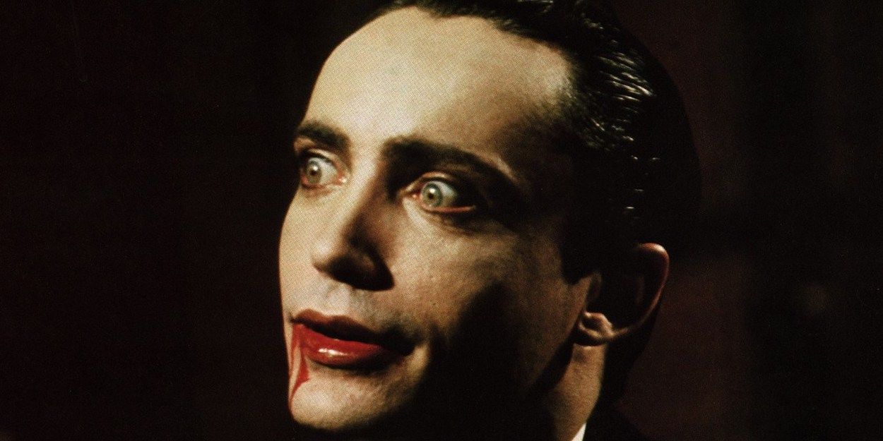 Udo Kier with blood lips in Blood for Dracula