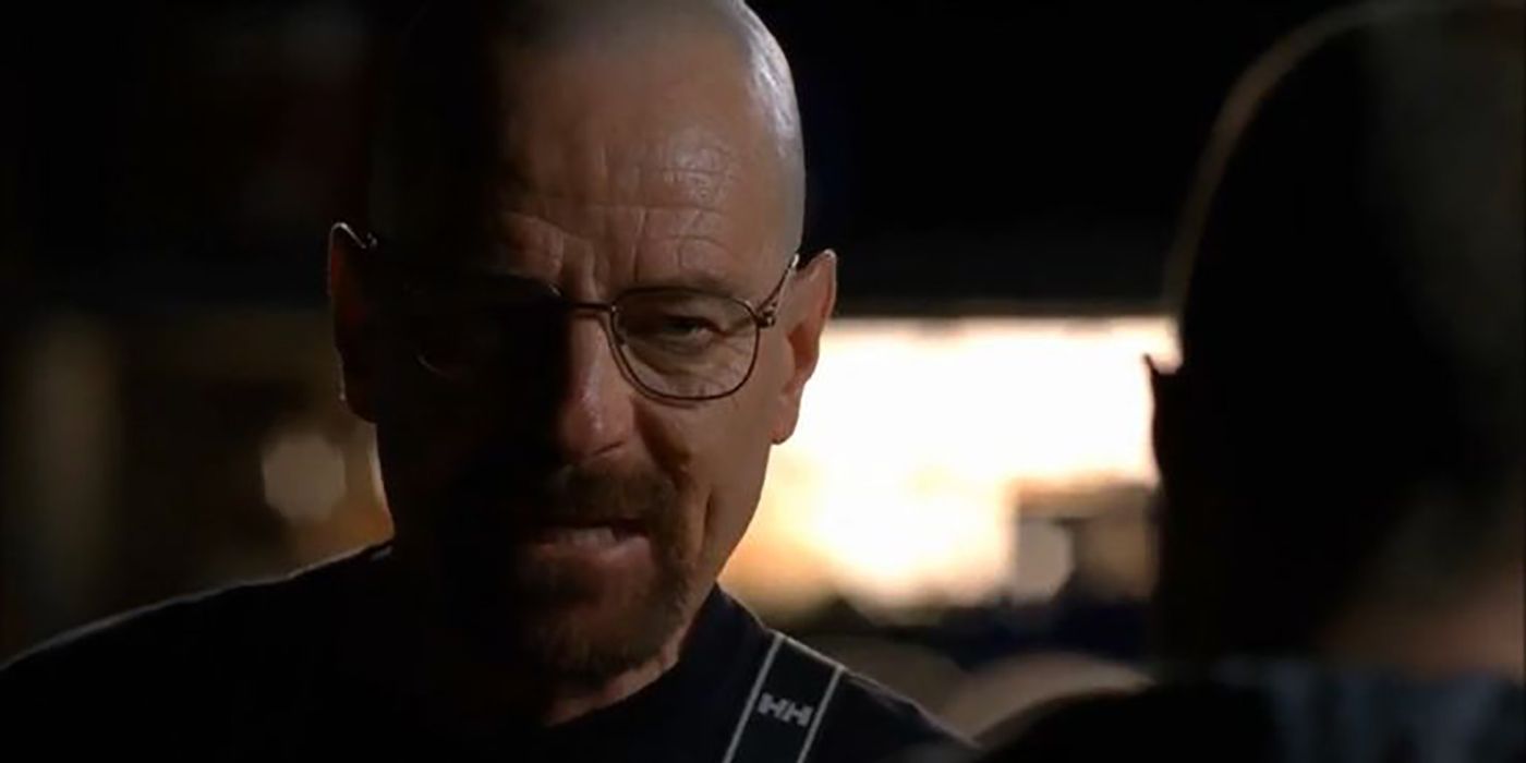 Walter White from Breaking Bad looking at Jesse, saying something to him.