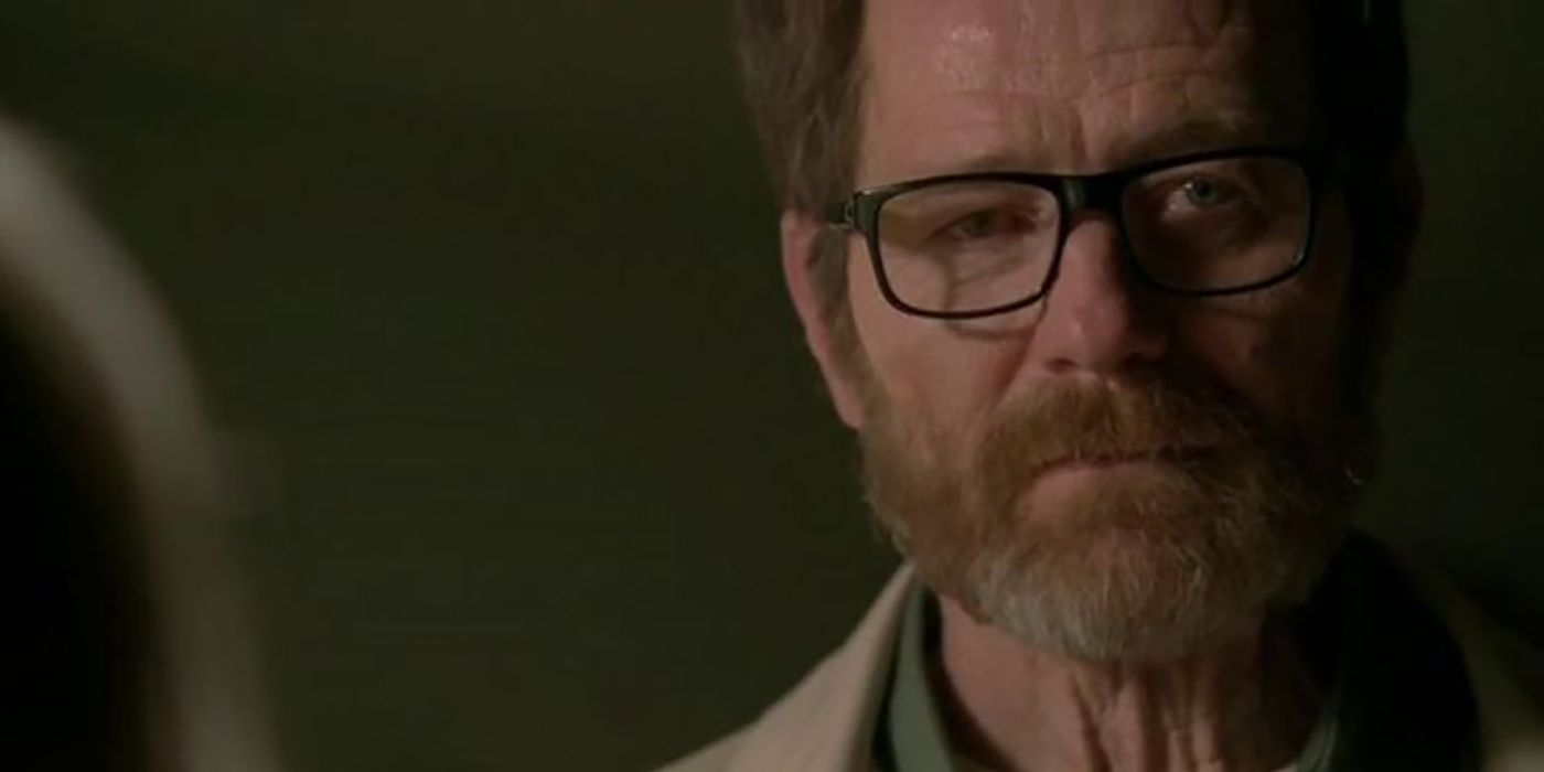 Walter White em Breaking Bad, cabelo crescido para trás, cavanhaque e rosto derrotado.