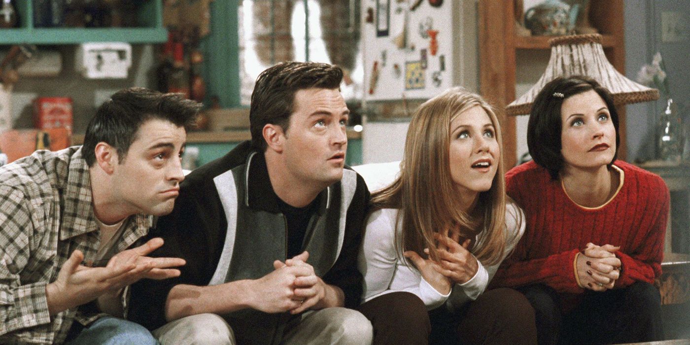 Joey, Chandler, Rachel, and Monica sitting down and looking up in Friends