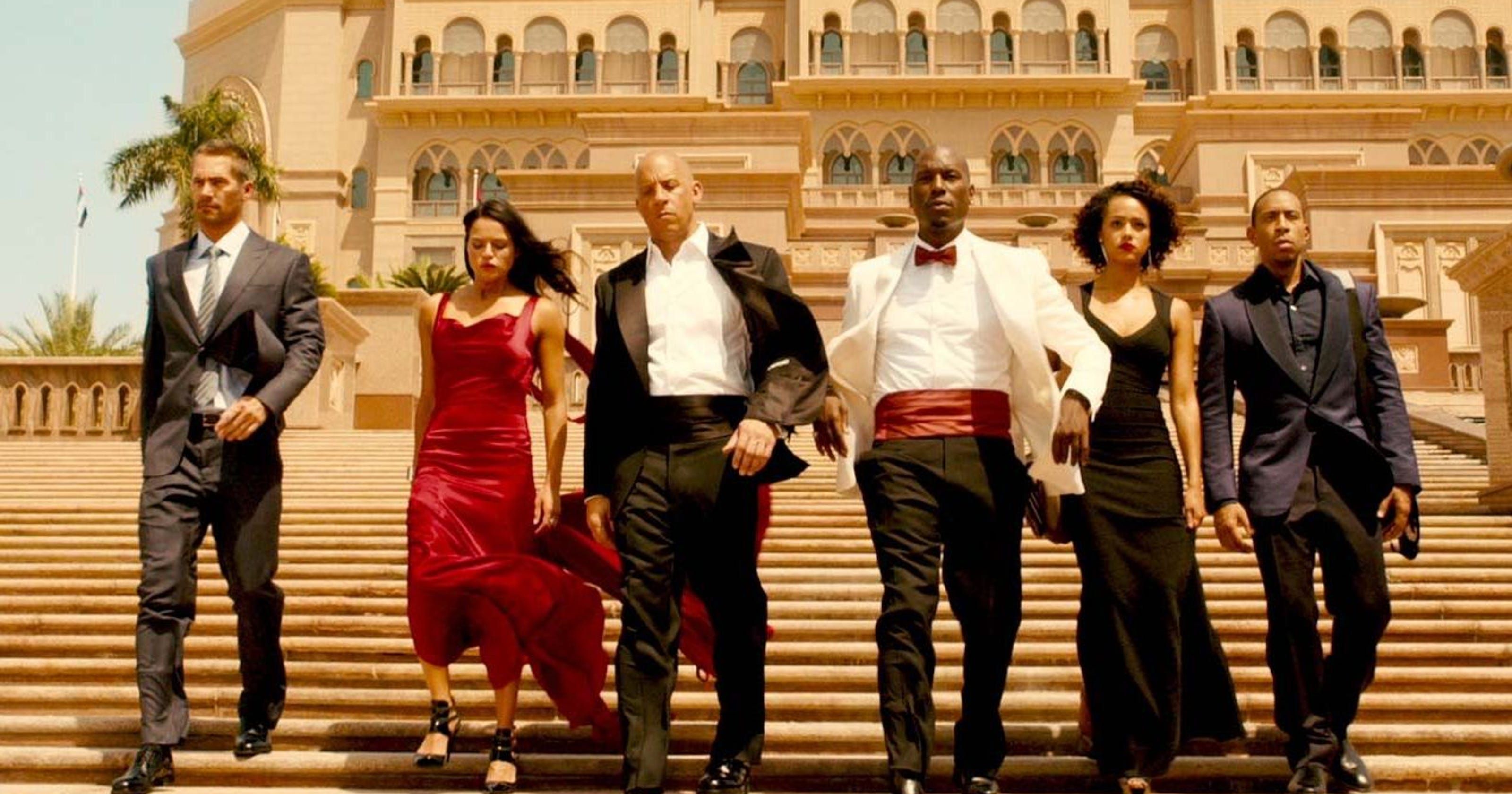The Fast family in tuxedos and dresses in Dubai in Furious 7