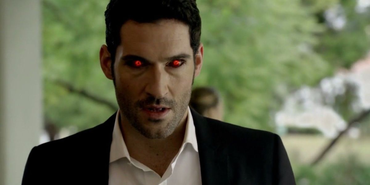 Lucifer's eyes glow red in the Netflix series Lucifer