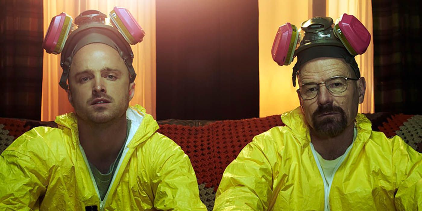 Jesse and Walt in their hazmat suits in Breaking Bad