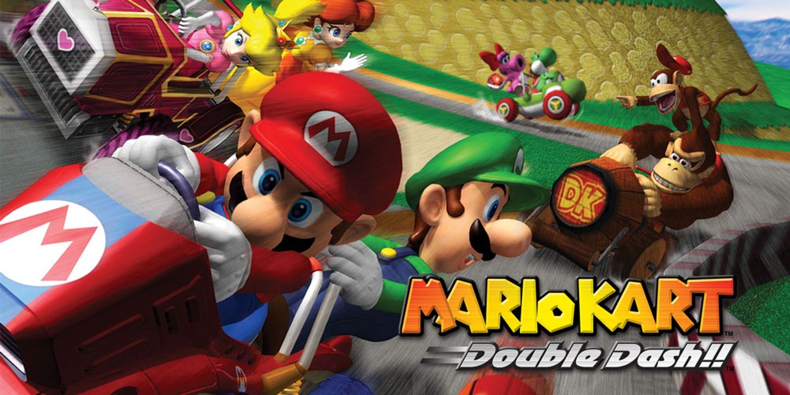 Mario berkendara dengan Luigi dalam seni promo Double Dash.