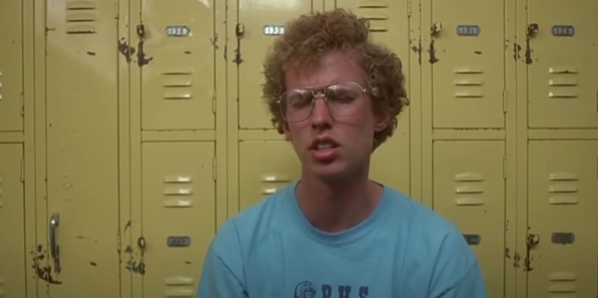 Napoleon Dynamite (Jon Heder) in the school locker room.