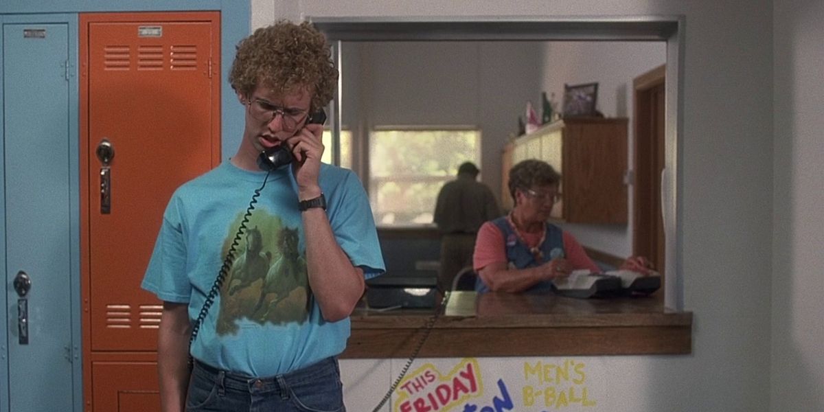 Napoleon Dynamite (Jon Heder) using the school phone to call home about chapstick