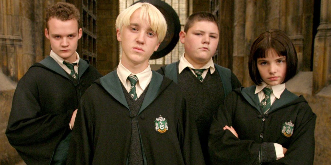 Draco Malfoy, Vincent Crabbe, Greggory Goyle, and Pansy Parkinson from the Harry Potter series. 