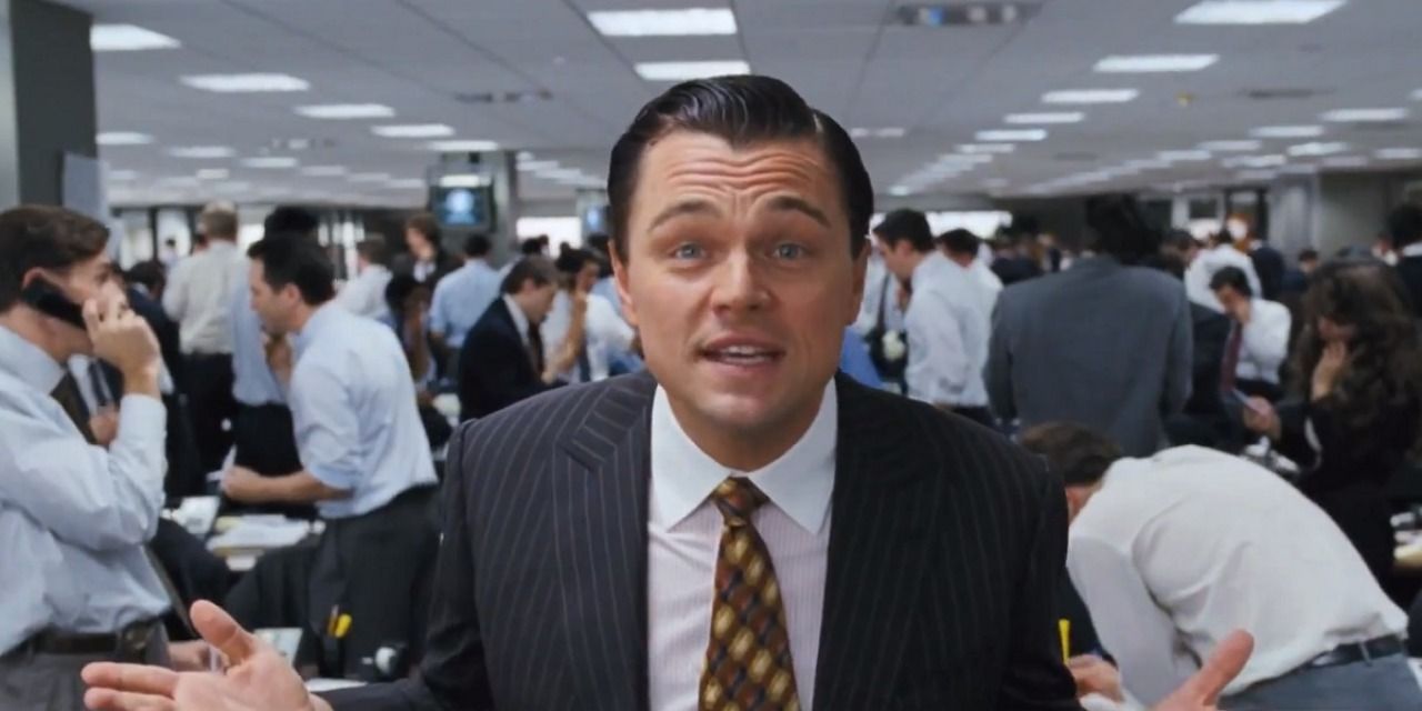 Leonardo DiCaprio talks to the camera in The Wolf of Wall Street