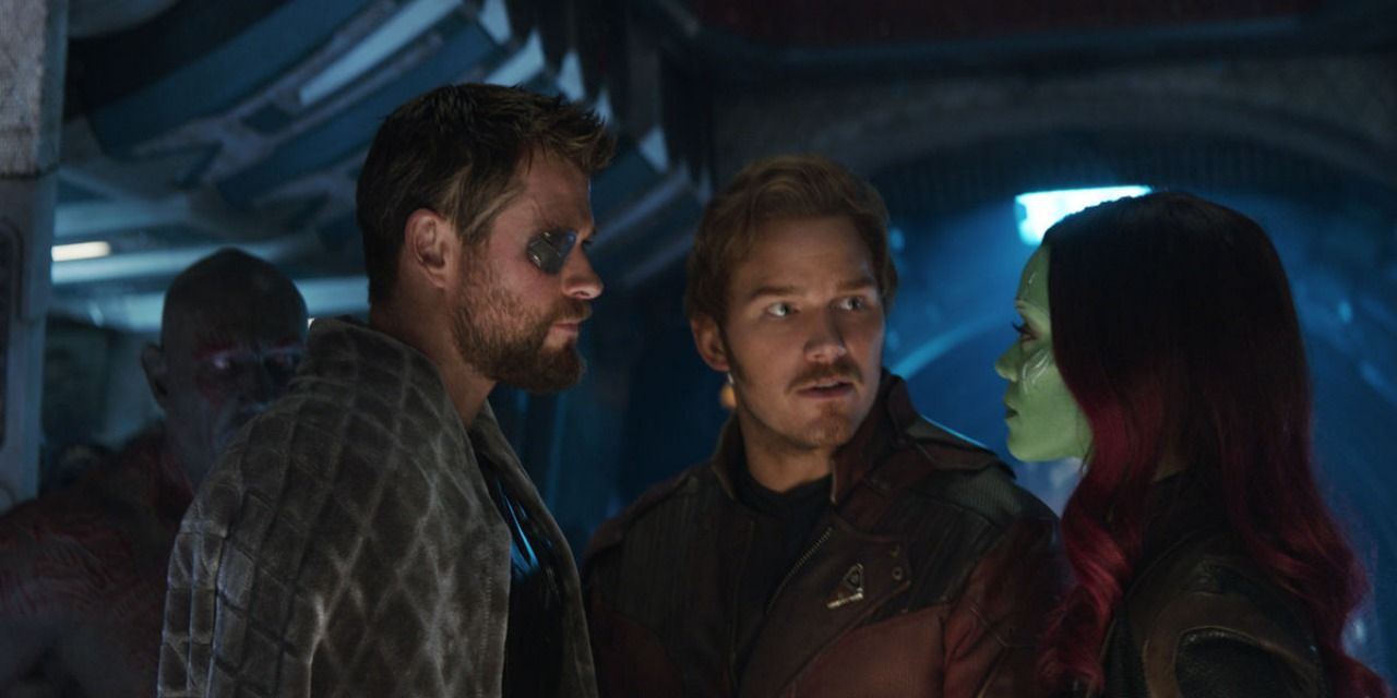 Star-Lord jealously watches as Thor talks to Gamora