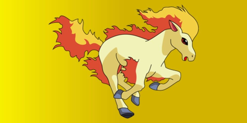 Ponyta running against a yellow background in Pokémon
