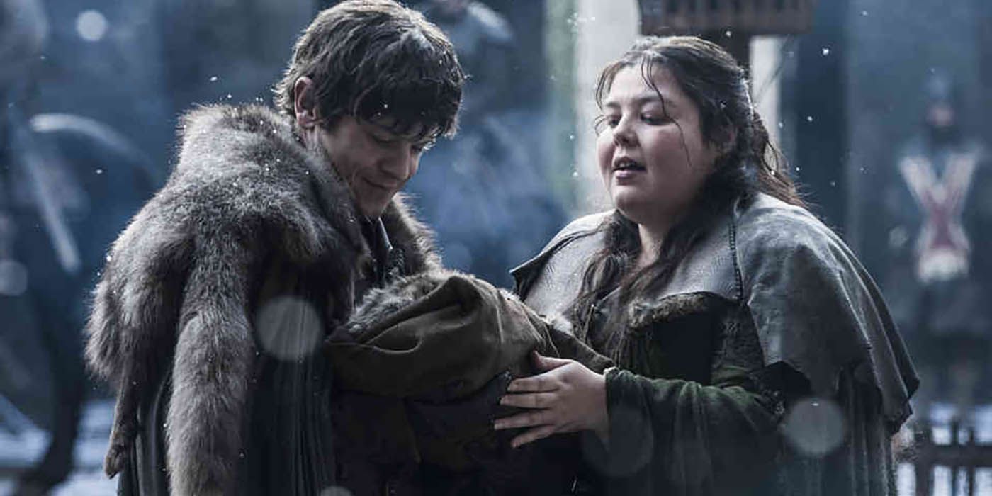 Ramsay holds his baby brother with Walda Frey in Game of Thrones