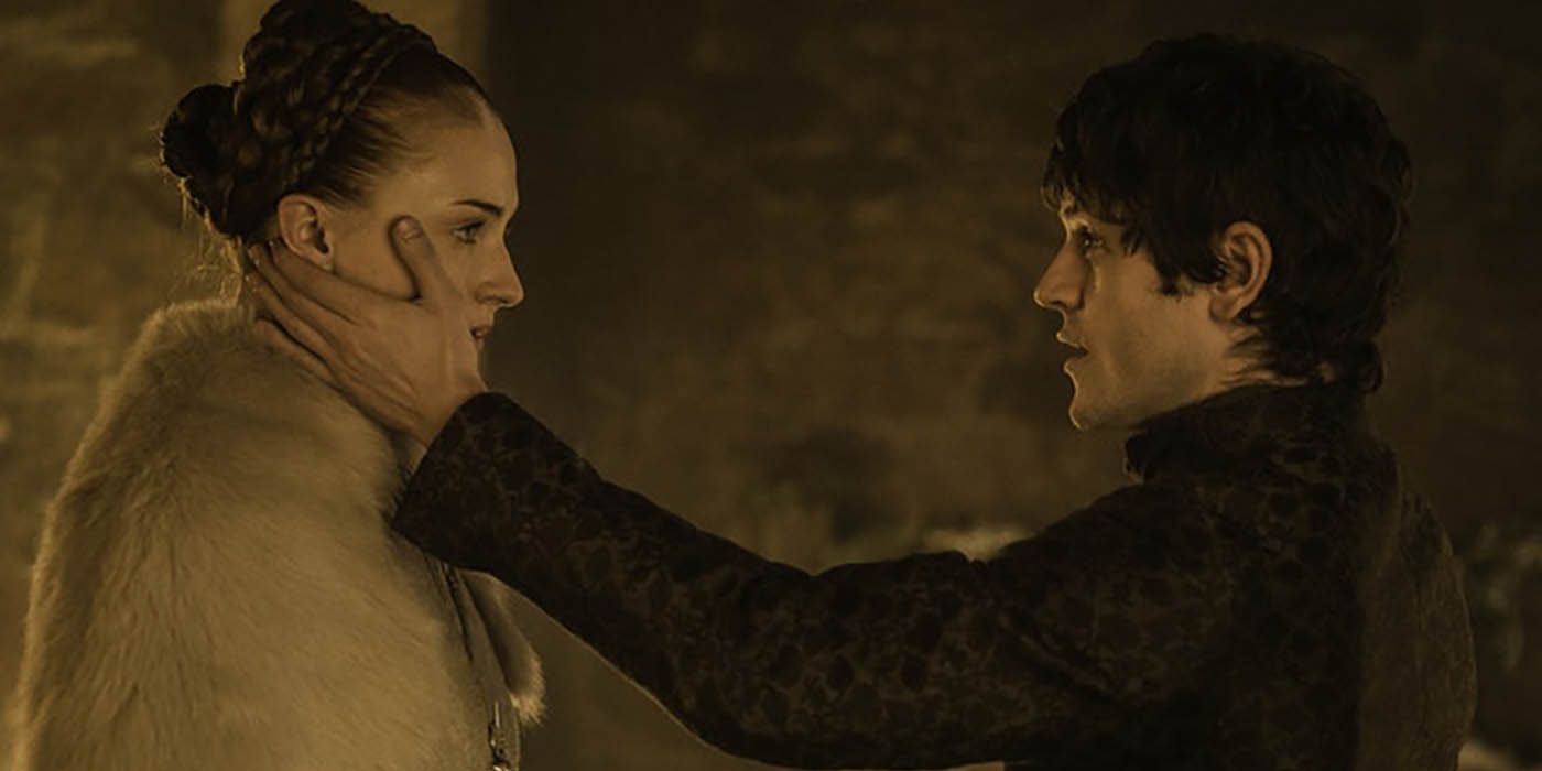 Ramsay Bolton holding Sansa's cheek on Game of Thrones