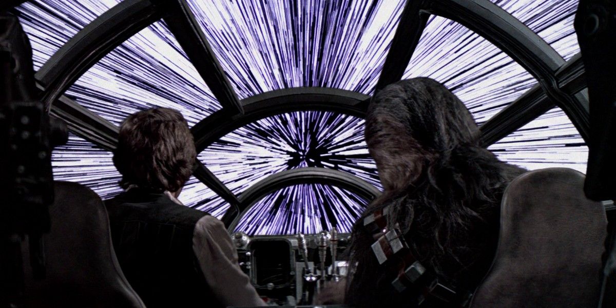 The Milennium Falcon jumping to lightspeed in Star Wars A New Hope