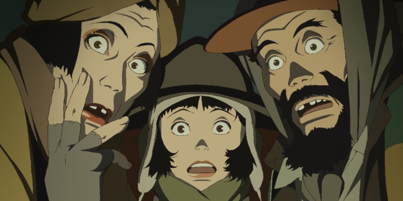 Three characters looking shocked in Tokyo Godfathers.