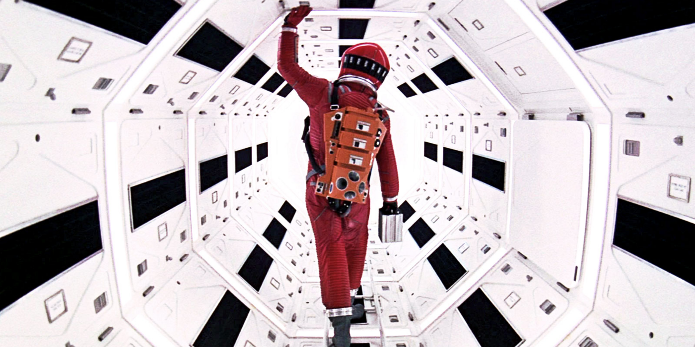 A man walking in a spaceship in A Space Odyssey