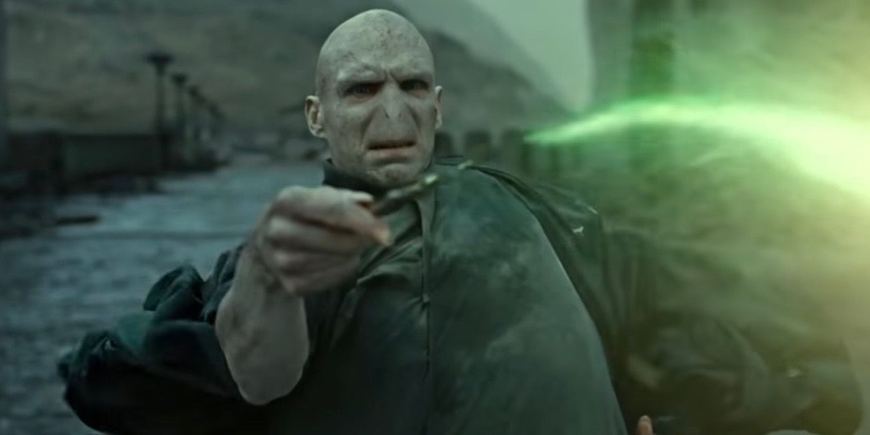 Voldemort has his final duel with Harry in the Hogwarts courtyard in The Deathly HAllows Part 2