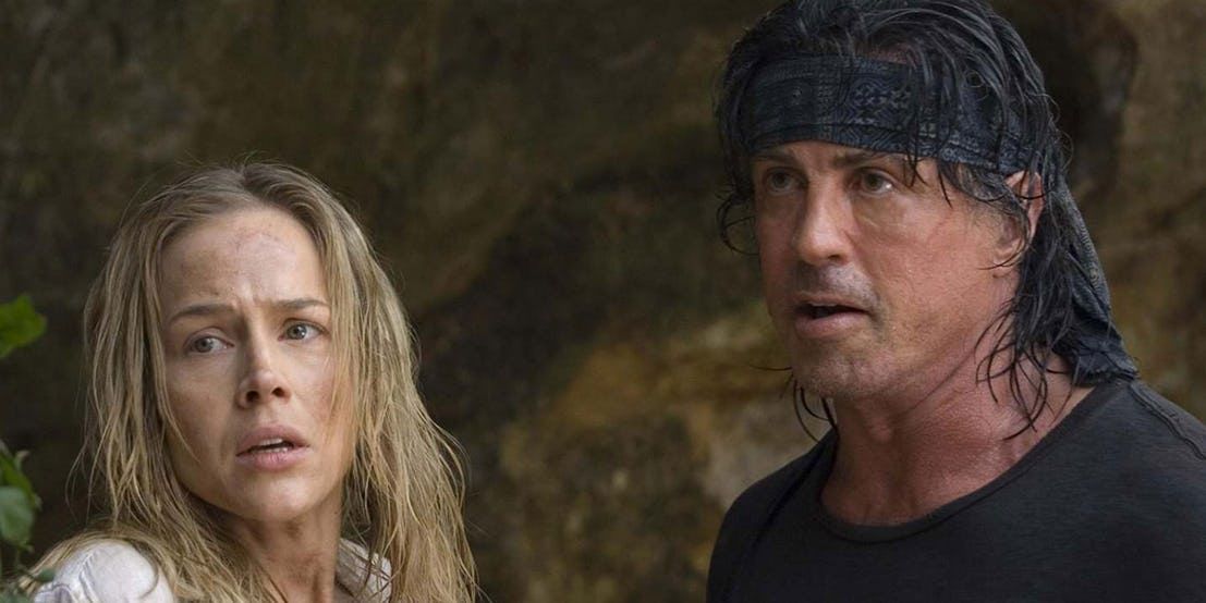 John Rambo and Sarah Miller looking worried in Rambo