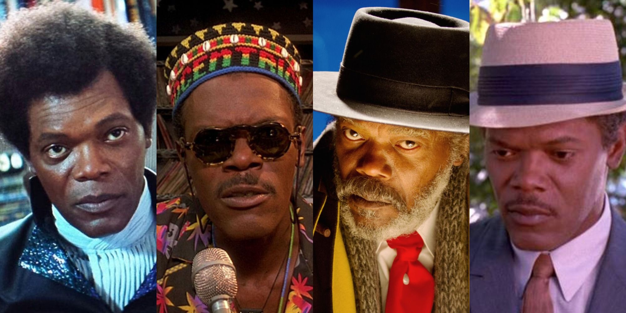 A collage of the faces of Samuel L. Jackson in Unbreakable, Do the Right Thing, The Hateful Eight and Eve&#8217;s Bayou
