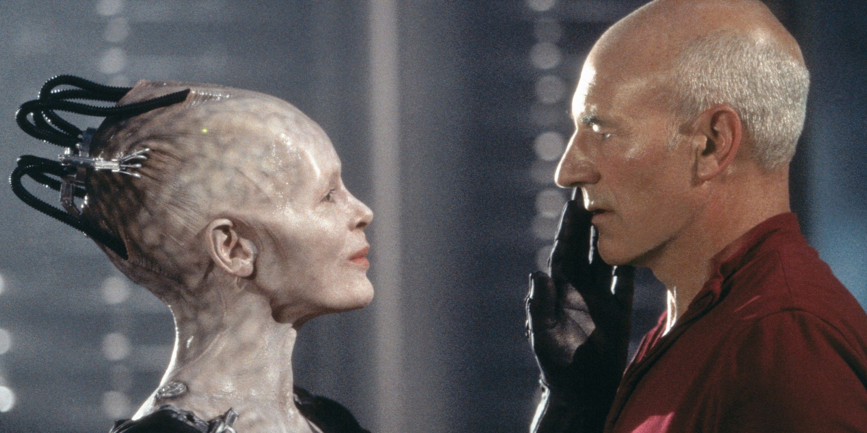 Alice Krige como Borg Queen y Patrick Stewart como Picard en Star Trek First Contact