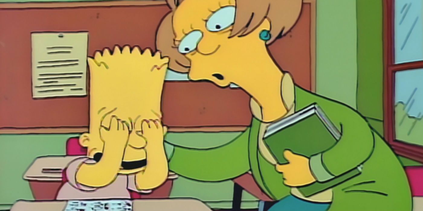 Bart is comforted by Mrs Krabappel in The Simpsons