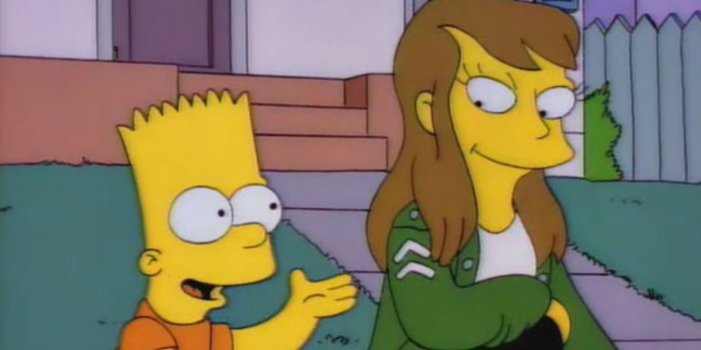Bart Simpson and Laura sit outside his house and smile