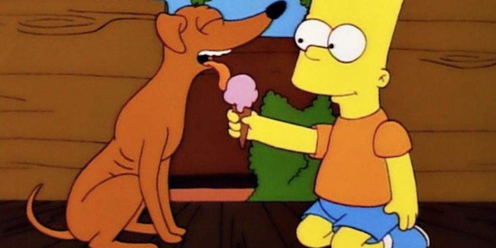Bart giving his dog Santa's Little Helper ice cream in the treehouse in The Simpsons