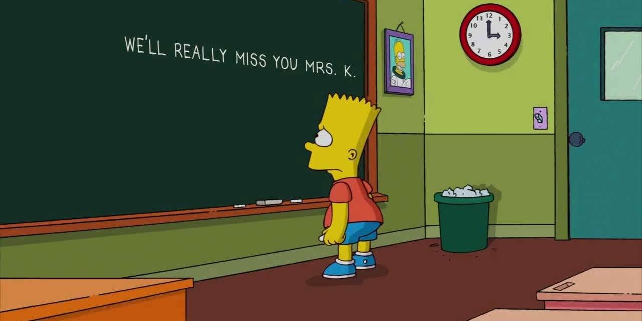 Bart writing We'll Really Miss You Mrs K on the chalkboard