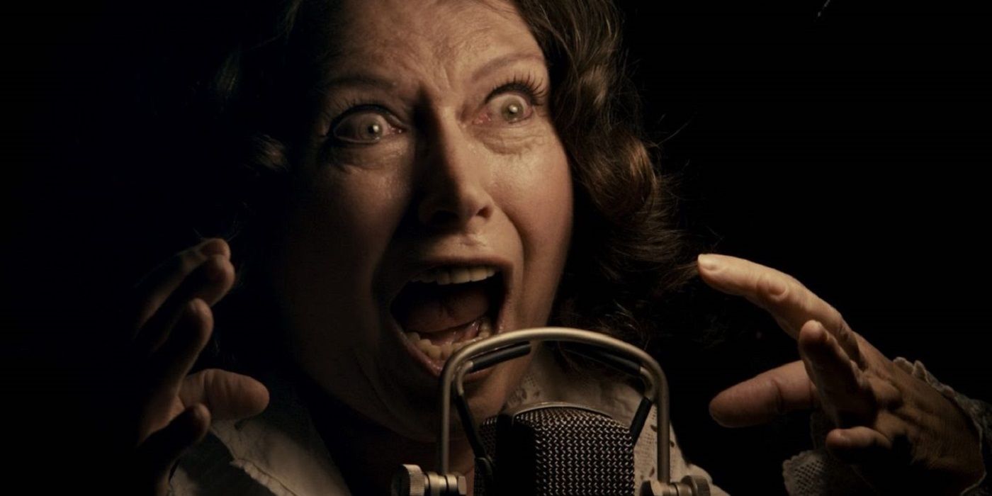 A woman screaming in horror in Berberian Sound Studio.