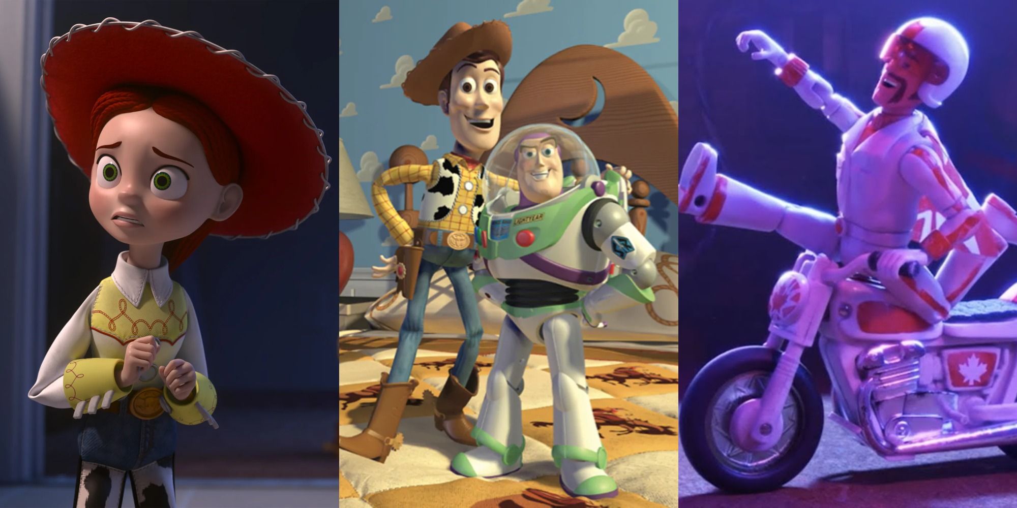 Split image of Jessie, Woody and Buzz, and Duke Caboom from Toy Story