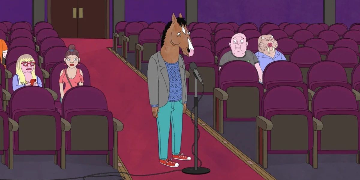 Bojack Horseman at a microphone in front of a crowd