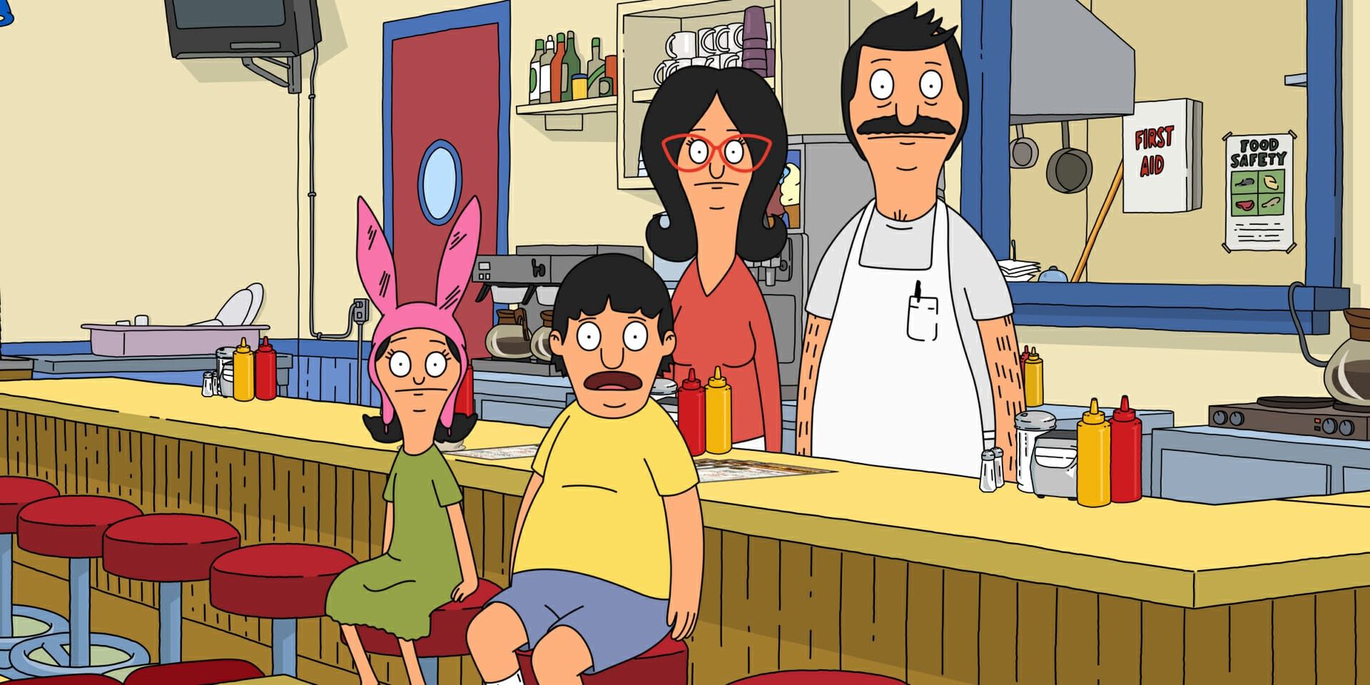 The belcher family at the counter of Bob's Burgers