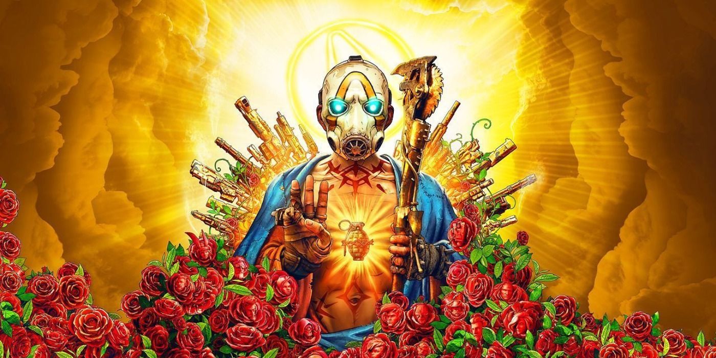 A Borderlands psycho with a halo of guns and roses holds up a three-finger salute while holding an axe in his right hand