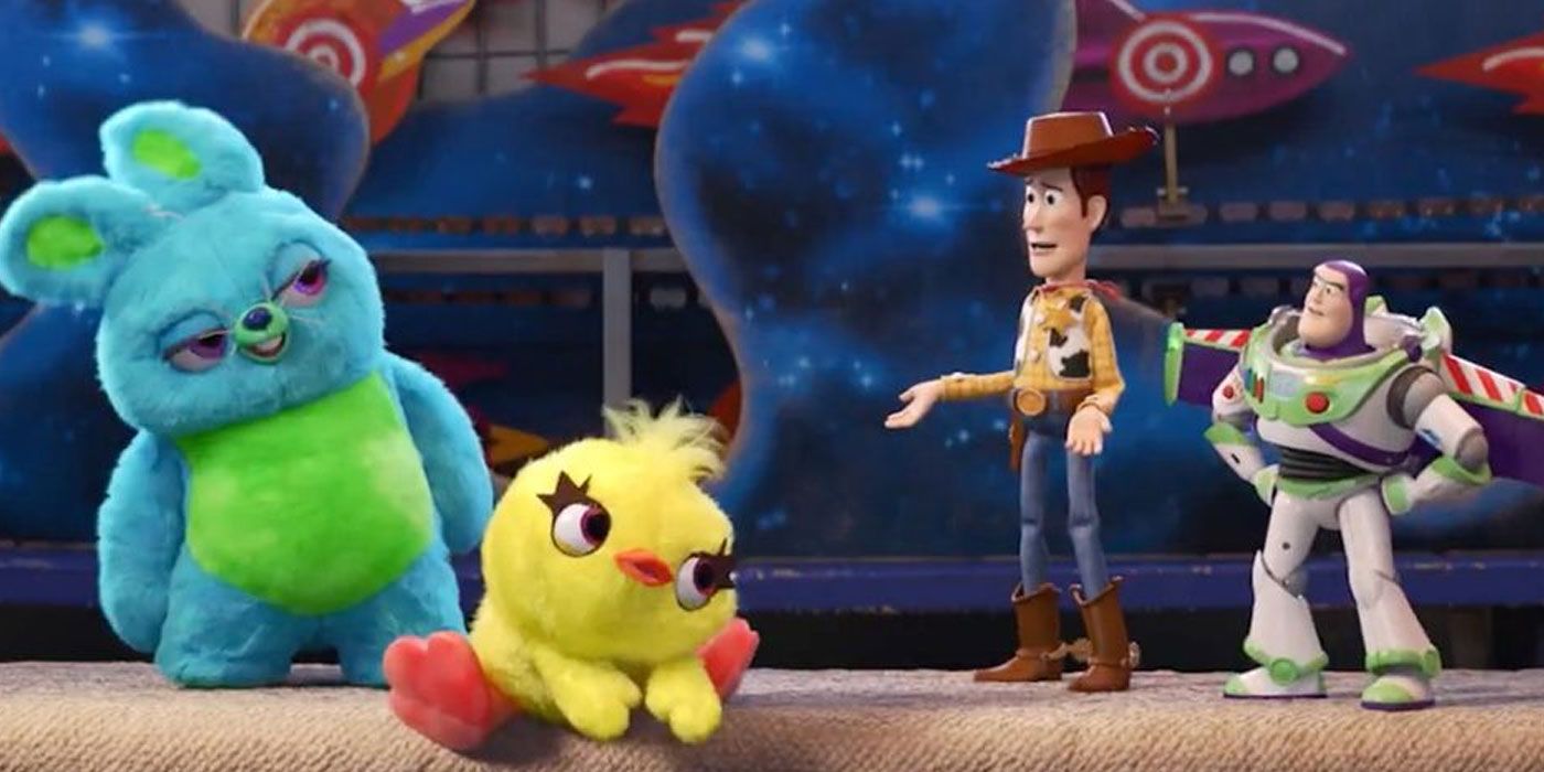 Bunny, Ducky, Woody, and Buzz Meet in Toy Story 4
