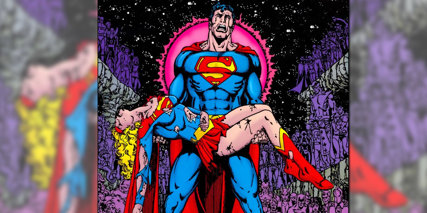 Superman yells in grief while carrying Supergirl's corpse in Crisis on Infinite Earths