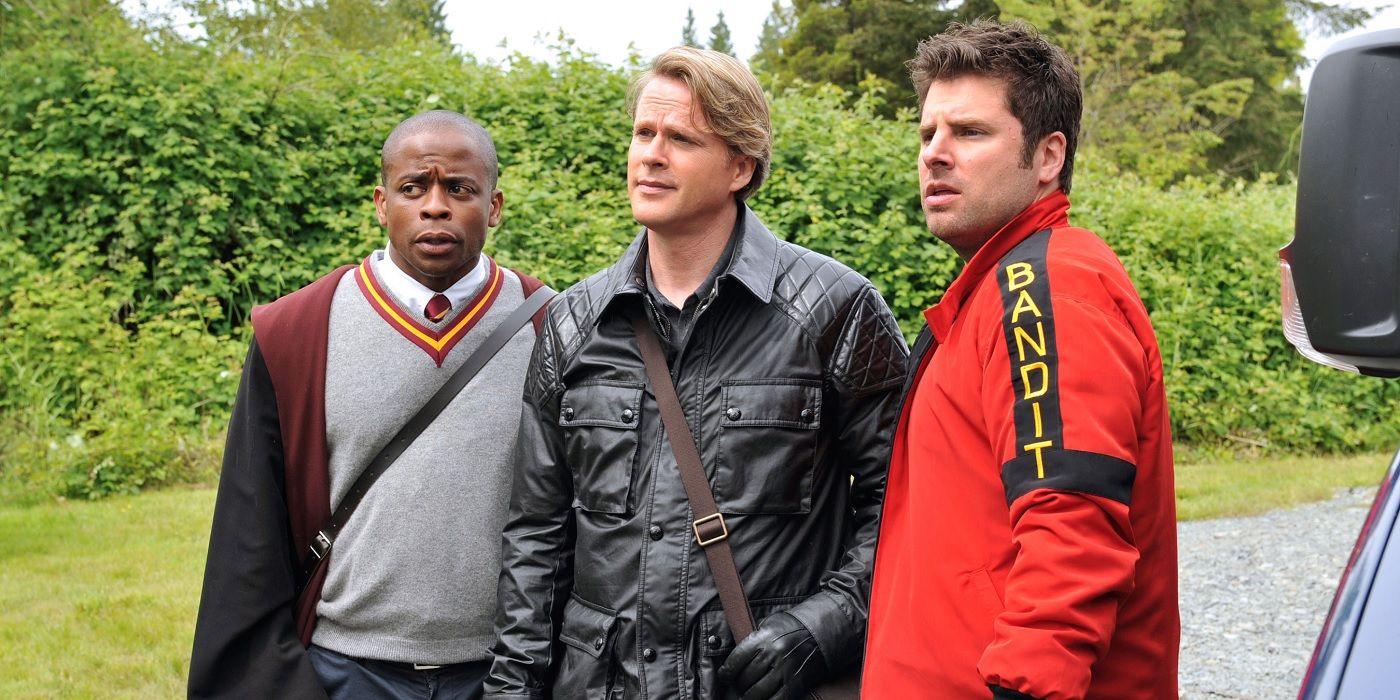 Burton Guster, Pierre Despereaux, and Shawn Spencer stand together outside in Psych