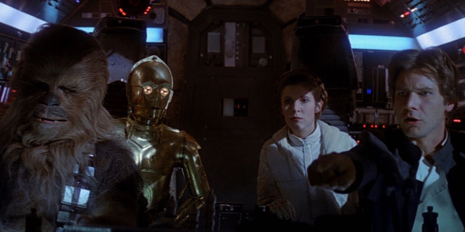 Chewbacca, C3PO, Leia, and Han Solo in Star Wars the Empire Strikes Back