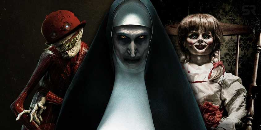 Collage of various villains from The Conjuring Universe, including the Nun and Annabelle