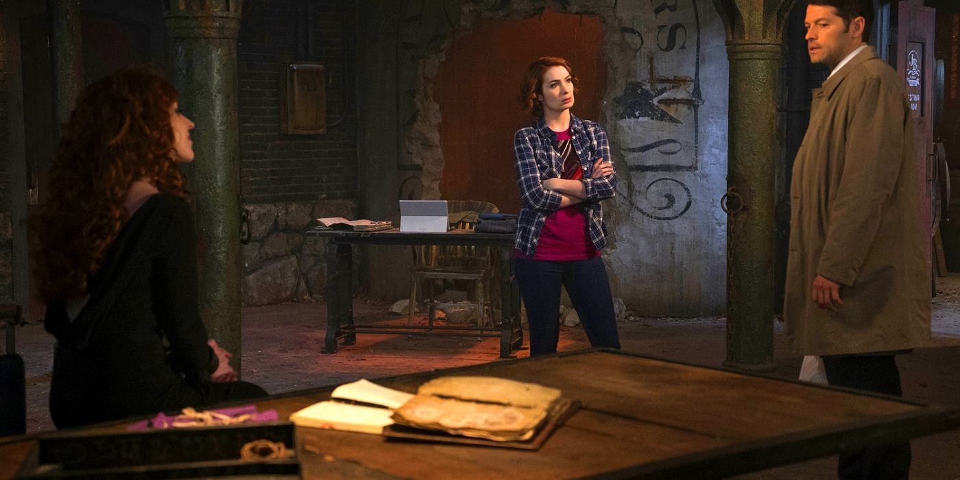 Rowena, Charlie, and Castiel in the same room in the Supernatural episode Dark Dynasty