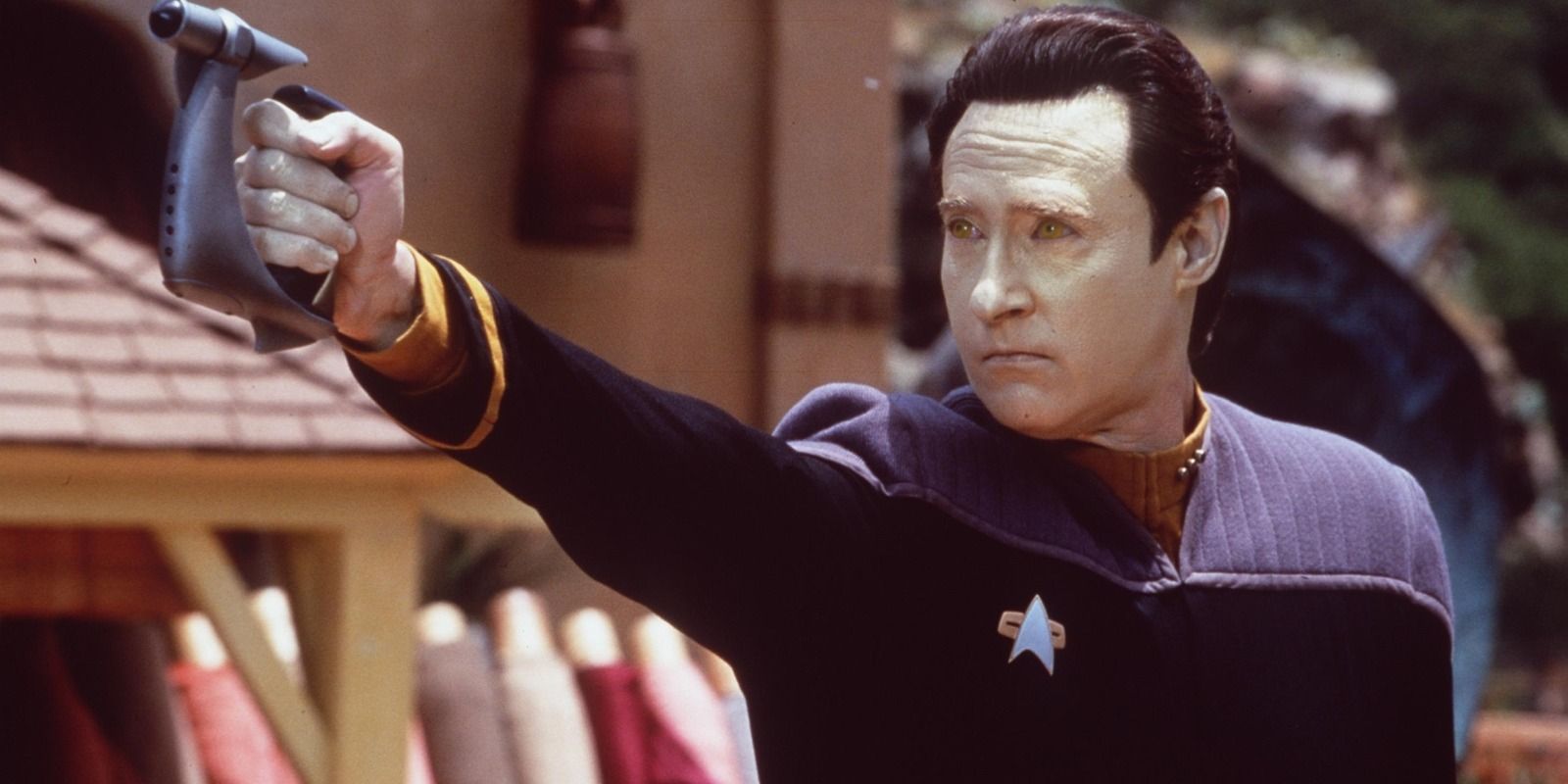 Data pointing a gun in Star Trek: Insurrection.