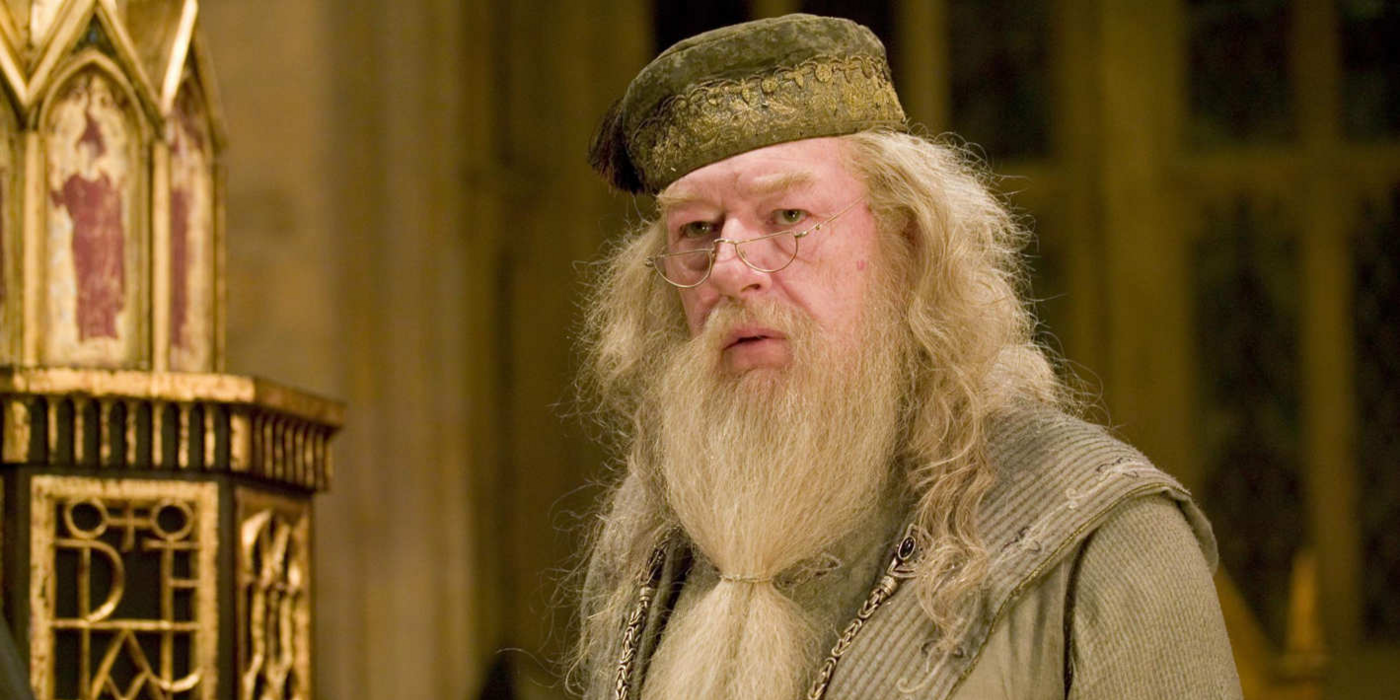 Dumbledore looking at someone over his glasses.