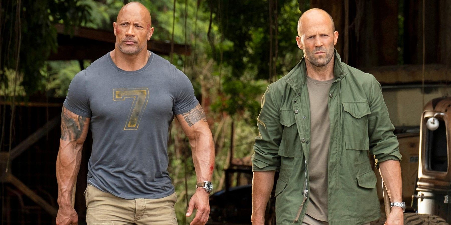 Dwayne Johnson and Jason Statham walk together in Hobbs and Shaw