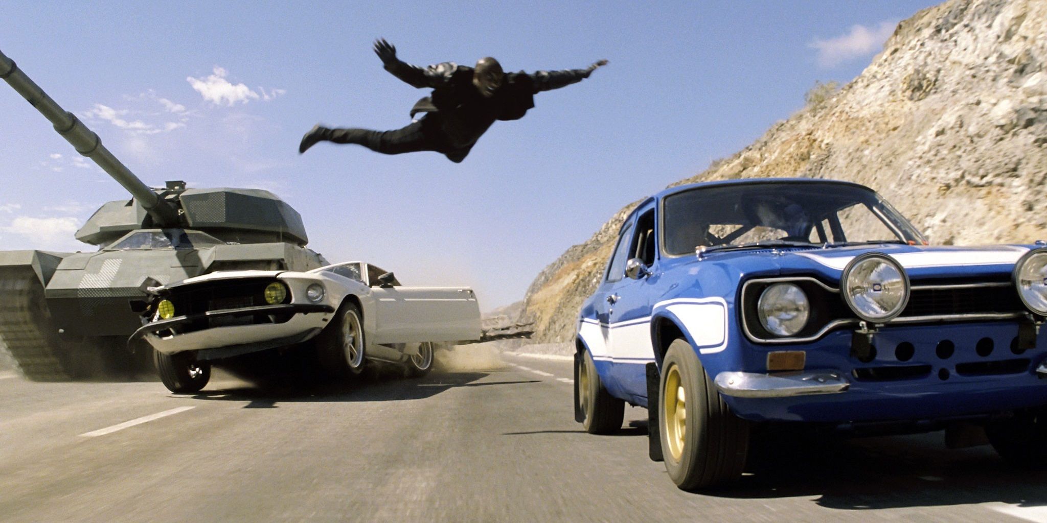 Roman jumps from one car to another in Fast & Furious 6