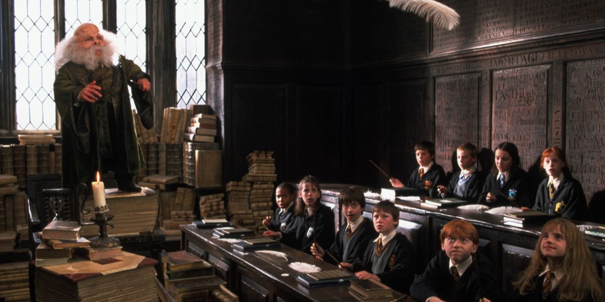 Professor Flitwick teaching students at Hogwarts