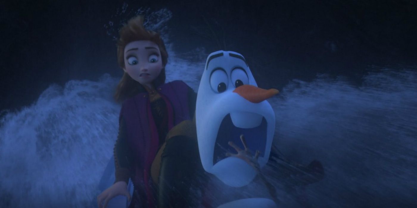 Olaf and Anna go down a waterfall