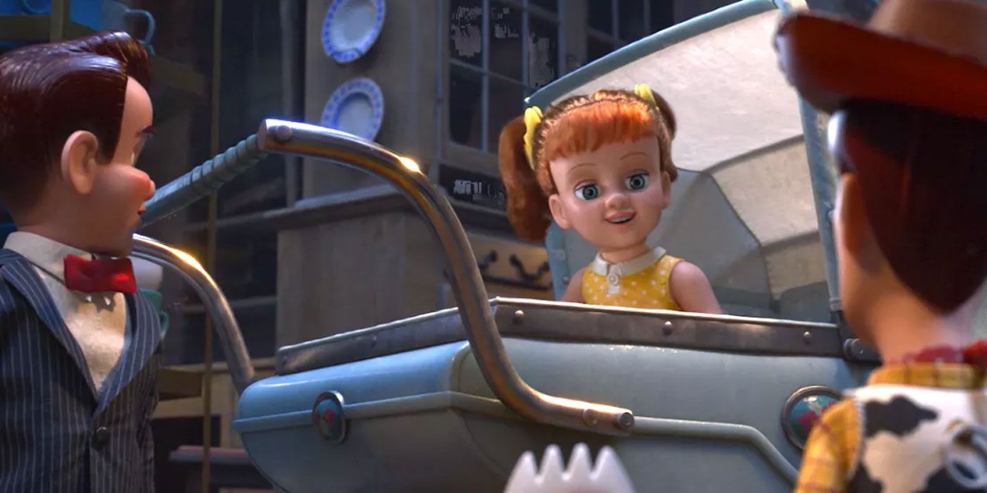 Gabby Gabby sitting in a pram and talking to Woody in Toy Story 4