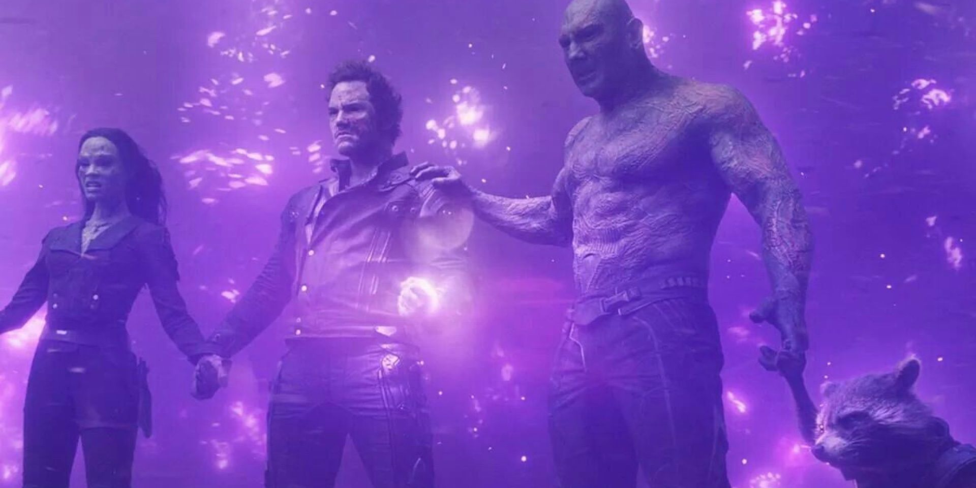 Gamora, Rocket, Quill, and Drax hold the Power Orb