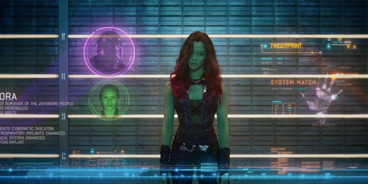 Gamora standing in the line-up in Guardians of the Galaxy